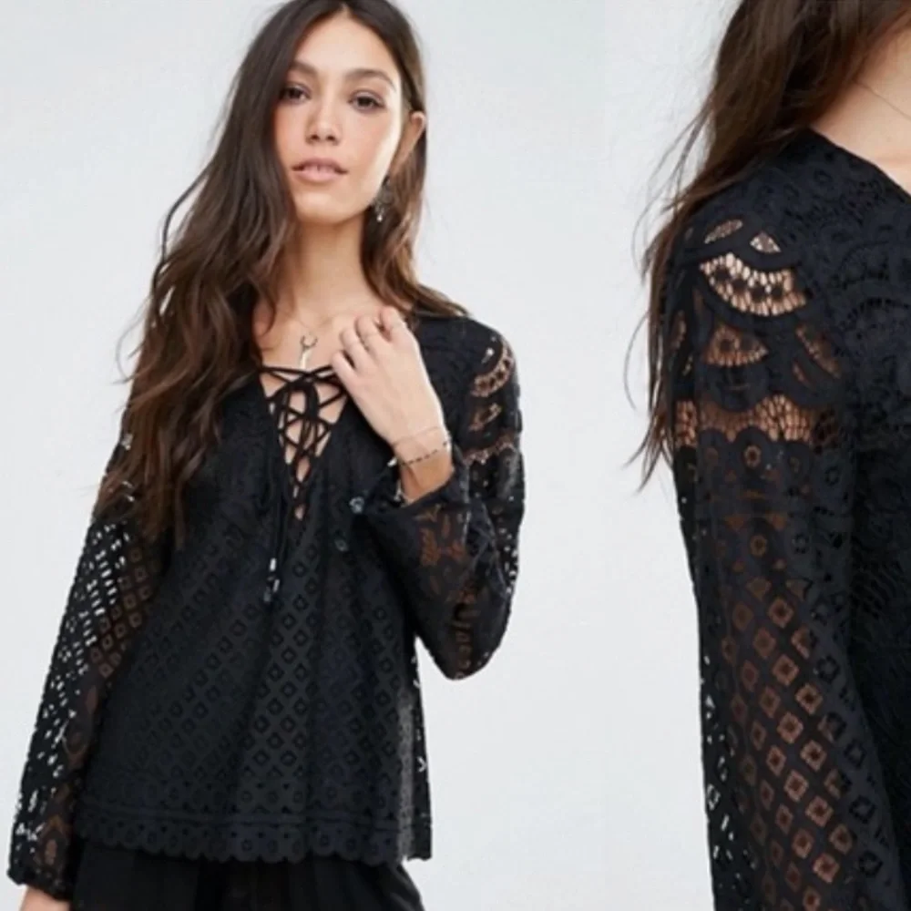 NWT REVOLVE Tularosa Black Lace Puff Long Sleeve with Tie Details Top- S